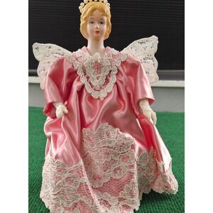 Pink Angel Doll Porcelain Head Lace Wings Christmas Ornament‎ Tree Topper